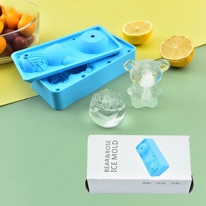 Manjia Diy 2 Cavity 3d Rose Bear Mold Silicone Ice Cube Tray For Milky Tea Coffee with Cover
