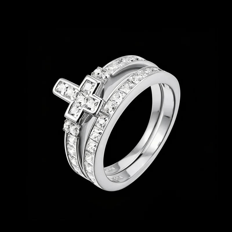 2-Piece Stackable 925 Sterling Silver Cross Band Ring Set for Women with Baguette CZ Stones