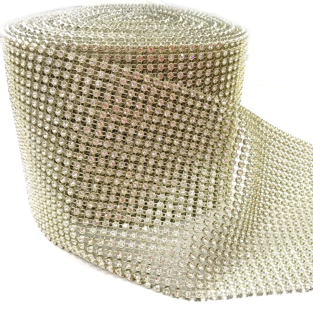 S235 Factory Supply Bling Bling Gold Color Rhinestone Roll Trim 24 Rows Crystal Plastic Mesh Trimming Roll Accessories