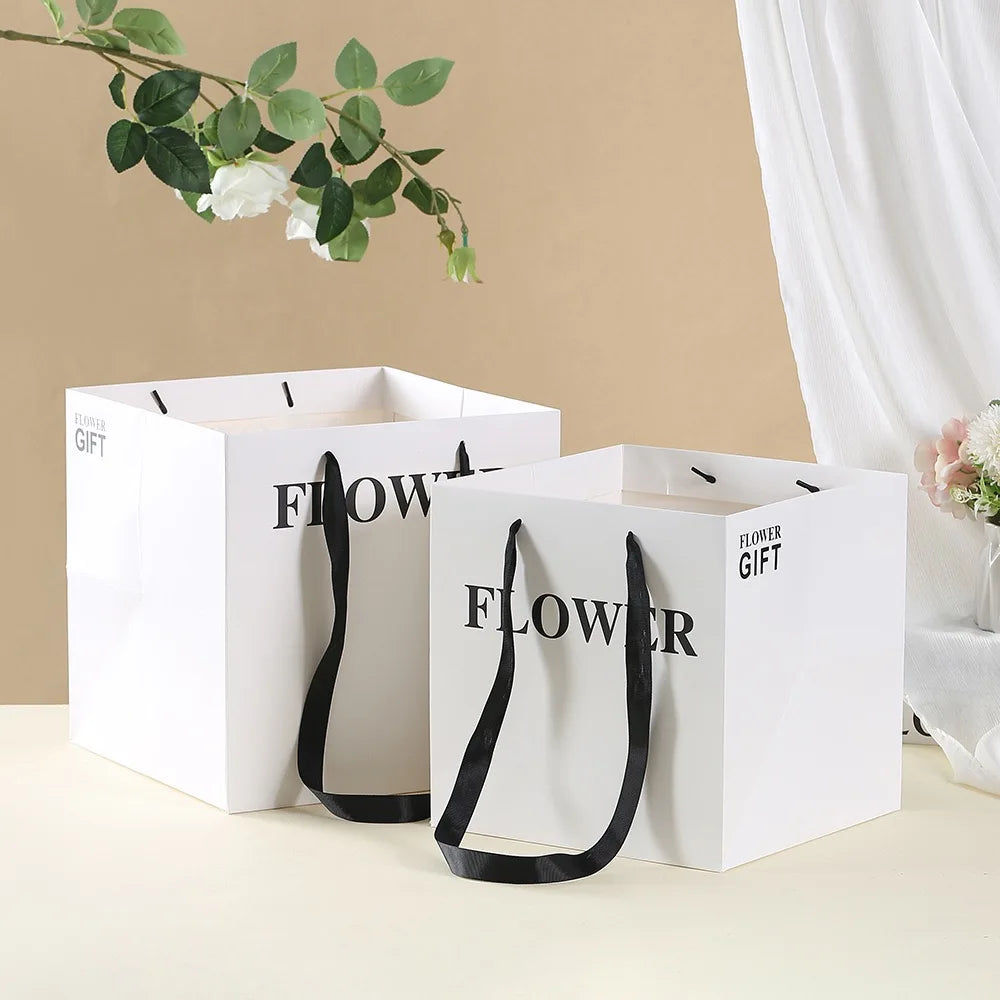 Wholesale Square Shape Bouquet Flower Paper Gift Bag Luxury White Flower Paper Bags for Flowers Gift