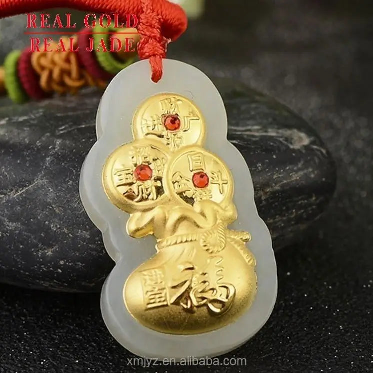 Certified 4D Gold Inlaid Jade Hetian Jade Inlaid  Gold  Gem Fortune Bag Pendant For Men And Women Christmas Gifts