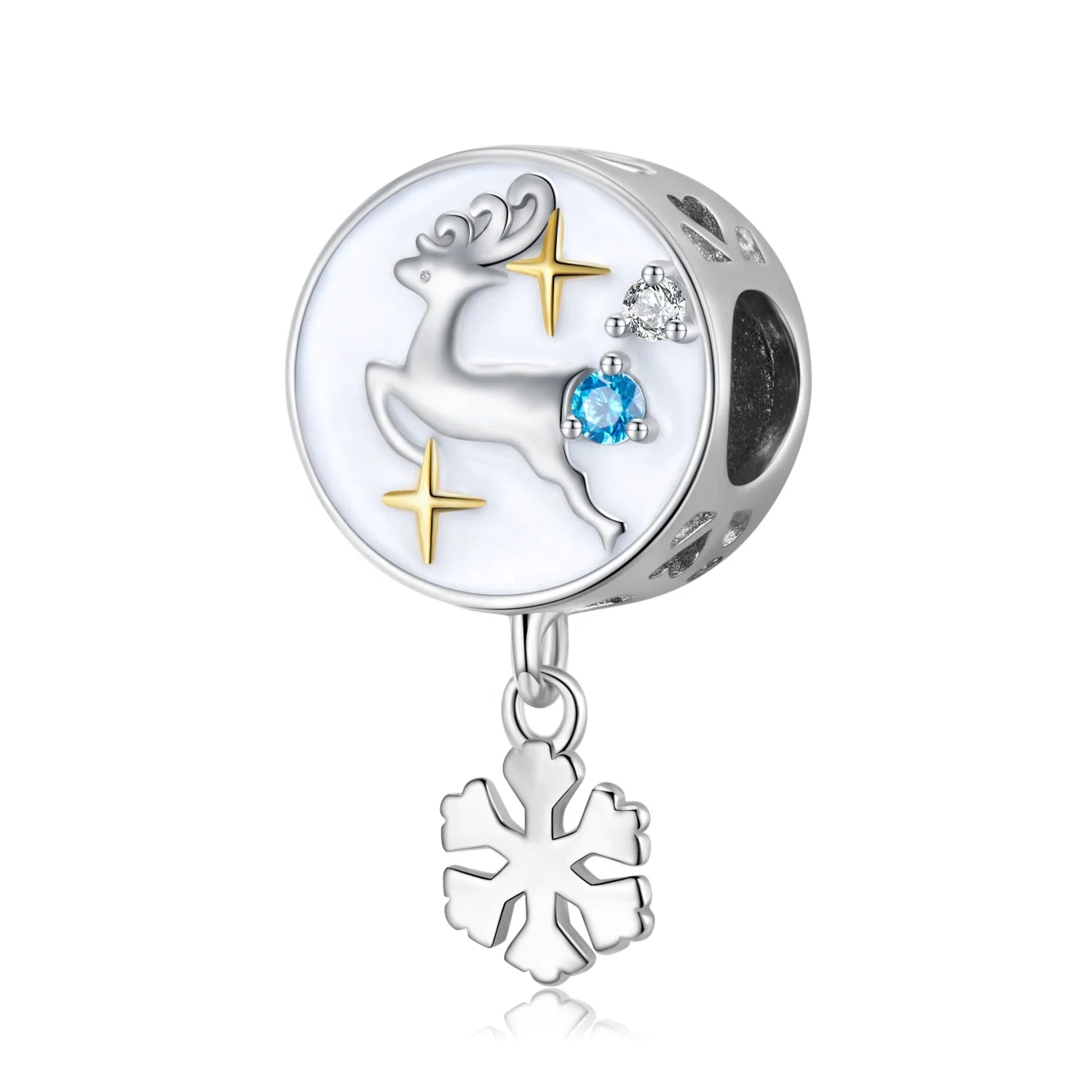 Jumping Elk Charm Snowflake Dangle 925 Sterling Sliver Enamel Bead Shiny Zircon Fit Original Bracelet DIY Jewelry Christmas Gift
