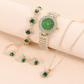 5PCS Set Fashion Temperament Luxury Full Diamond Female Wrist Watches Emerald Bracelet Ring Earrings Necklace Watch Set for Wome