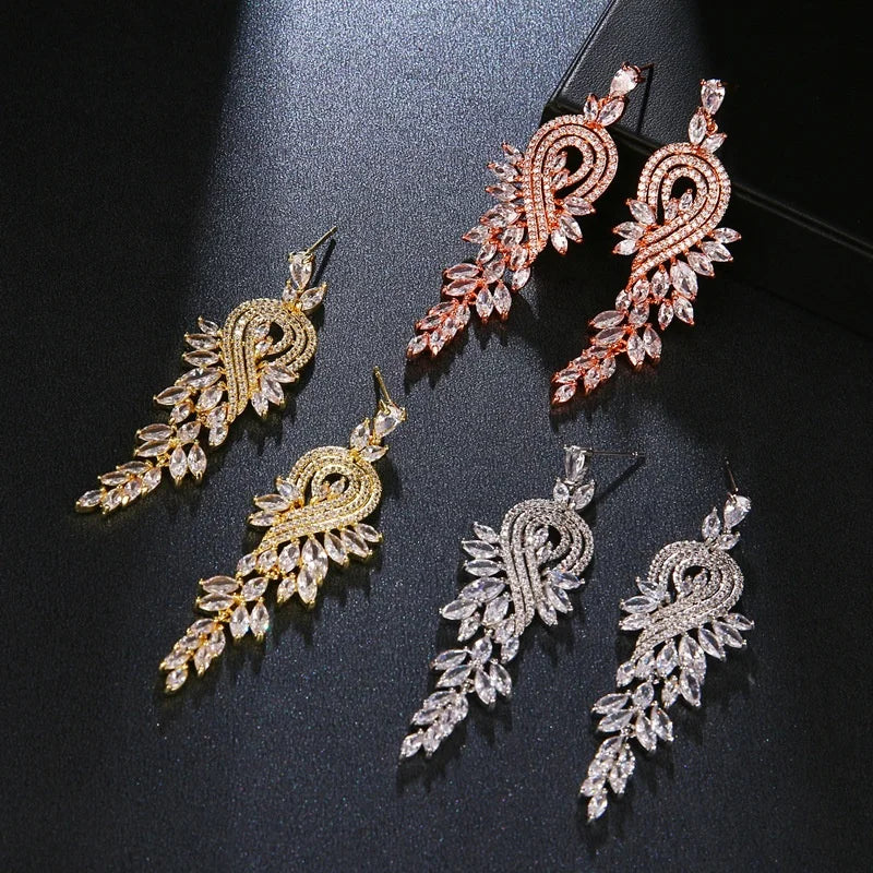 Elegant Zirconia Dangle Long Earring for Women Luxury Silver Color Cubic Zircon Large Earrings Bridal Wedding Jewelry Gift