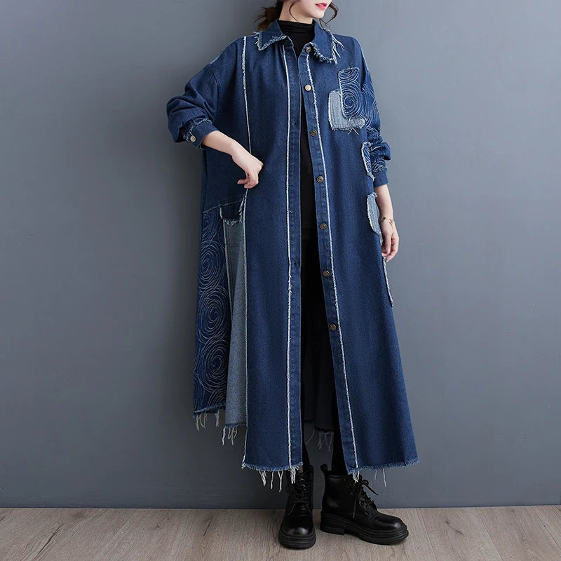 Boutique Wholesale 2026 Autumn New Loose Vintage Double Sided Washed Denim Craft Printed Spliced Women's Coats