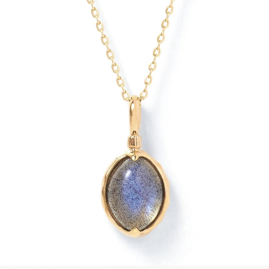 2023New Simple Single Gem Natural Labradorite Japanese Retro StyleS925Silver Plating14KGold Necklace