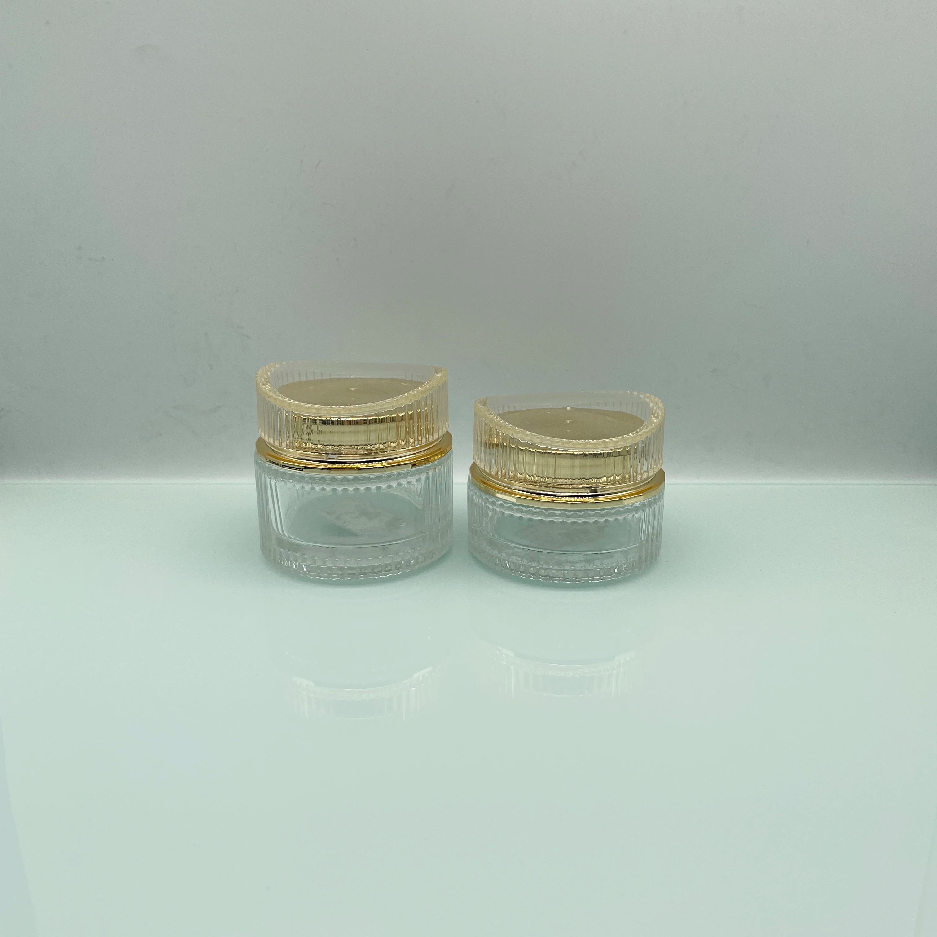 Transparent Round Gold 30G 50G Face Glass Cream Jar with Plastic Cap Skin Care & Eye Cream Packaging Silk Screen Printed