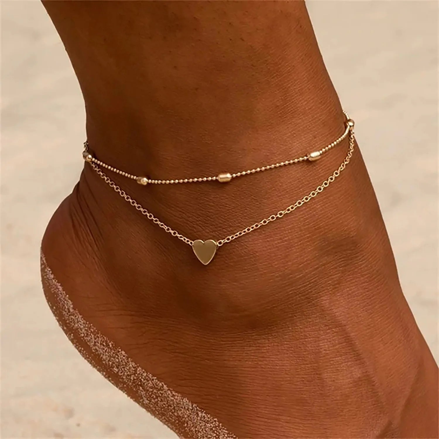 Foot Jewelry Double Layers Heart Charm Link Chain Anklets for Women