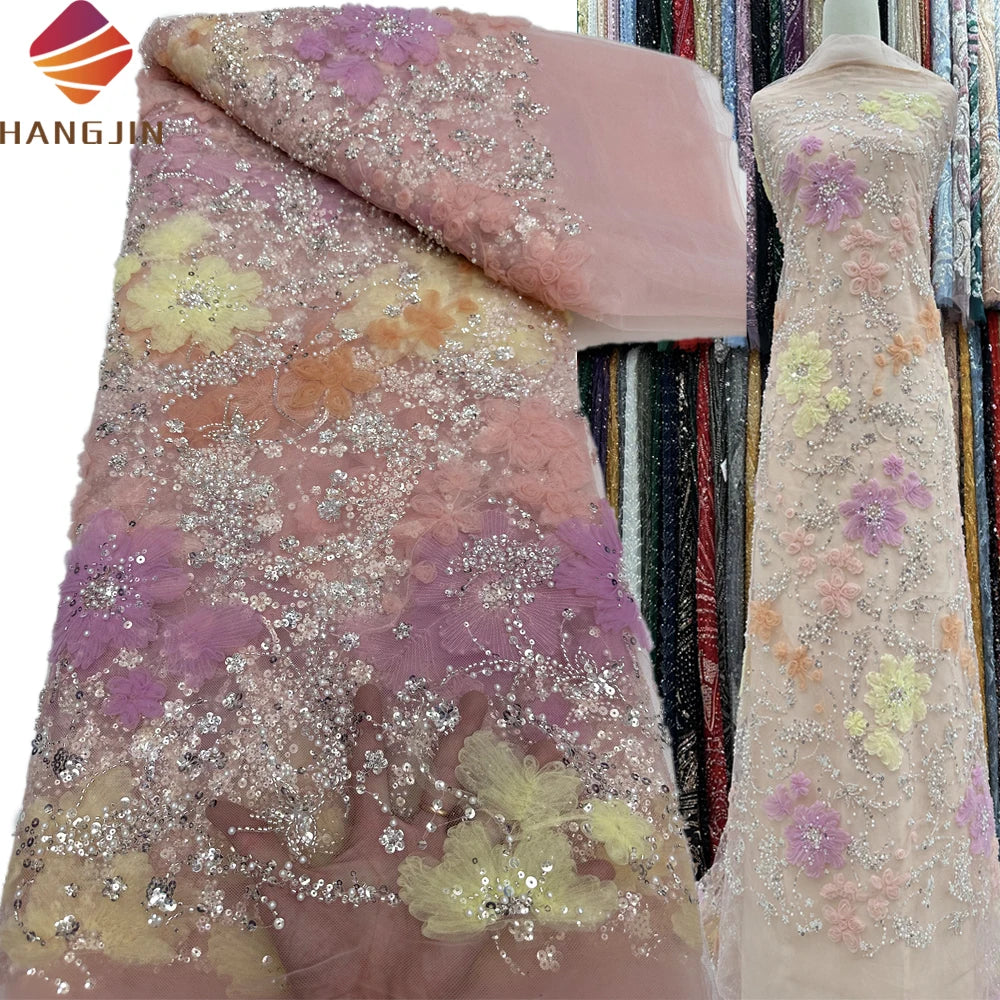 French Bridal 3D Flower Lace Fabric Embroidery African Tulle Handmade Beaded Lace Fabric With Sequin for Women Wedding Dress