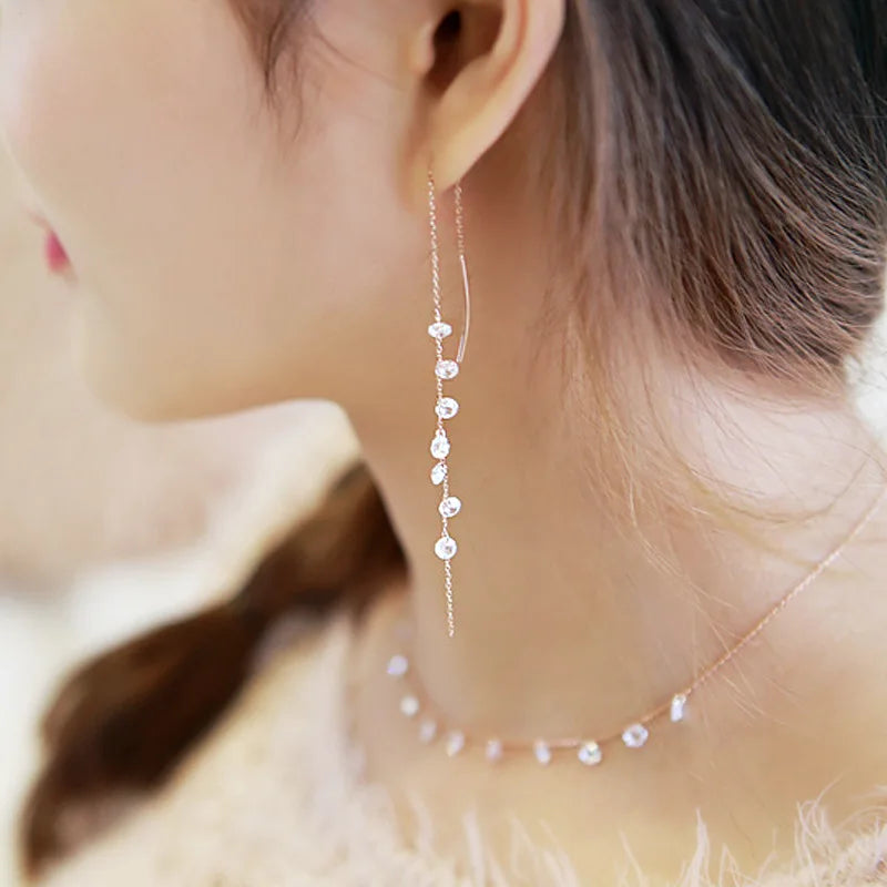 Korean Style 925 Sterling Silver Earing Women Jewelry Long Tassel Zircon Stud Earrings Gold Plated