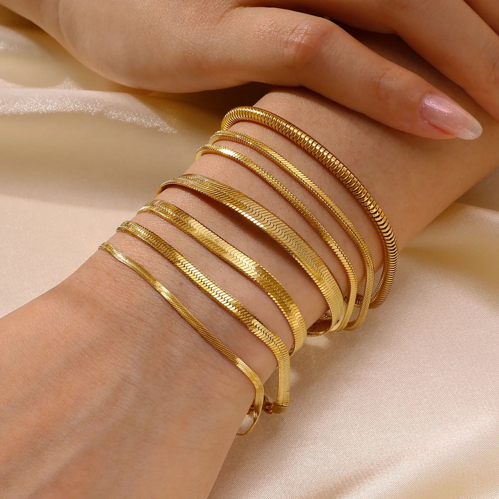 Nabest 2-5mm Stainless Steel Flat Snake Chain Bracelet Women Jewelry Waterproof 18K Gold Plated Chain Link Bracelets