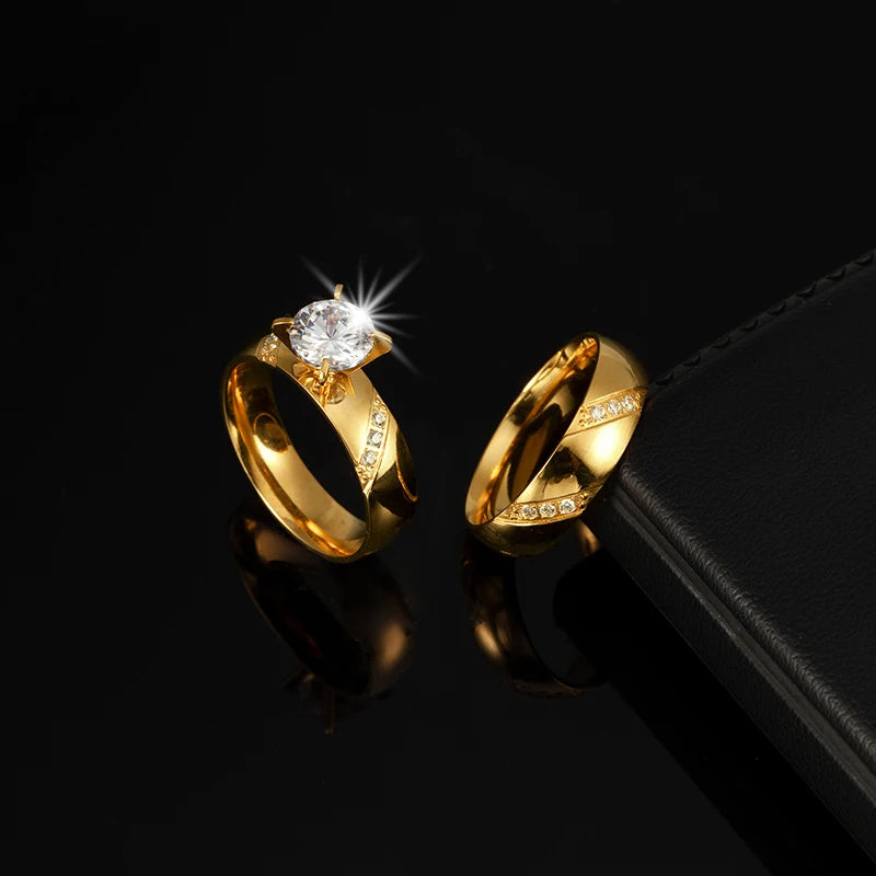 18k Oro Ajustables Acero Inoxidable Pareja Matrimonio Diamante Anillo De Compromiso