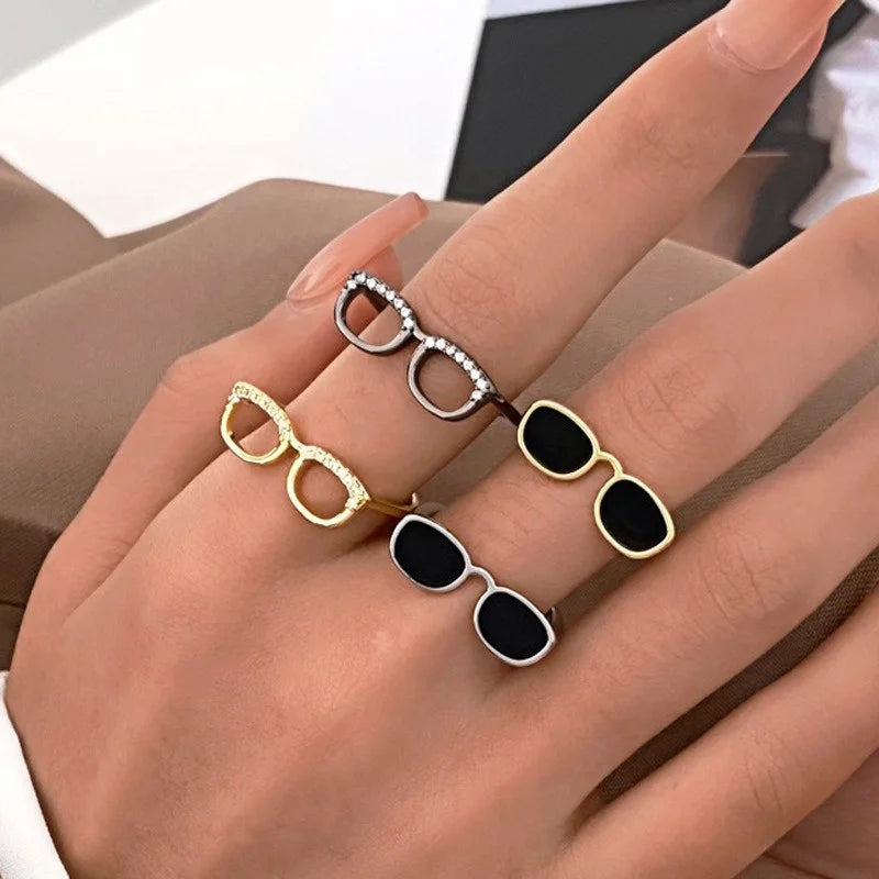Creative Rhinestone Glasses Open Rings Cute Crystal Love Heart Eyeglasses Finger Rings Jewelry for Women Men Metal Couple  Gifts