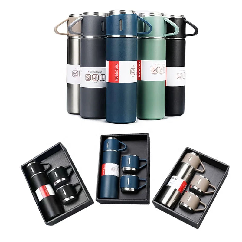 Business Gift Set 500ml 304 Stainless Steel Vacuum Flask Water Bottle One Cup Two Lid Vacuum Flask Gift Box