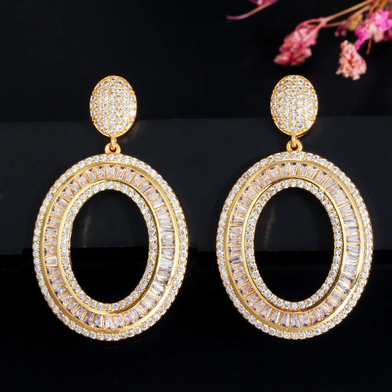 Fancy Full Cubic Zirconia Paved Glitter Yellow 18k Gold Color Big Round Dangle Drop Earrings for Women Bridal Wedding Jewelry