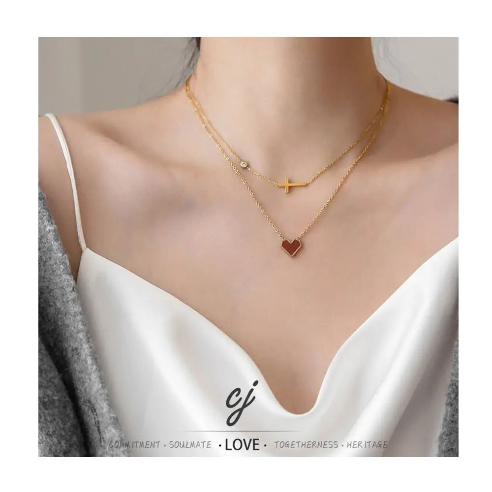 Carline Fashion Jewelry Stainless Steel 18k Gold Plated Zircon Cross Heart Charm Pendant Link Chain Layered Necklace for Women
