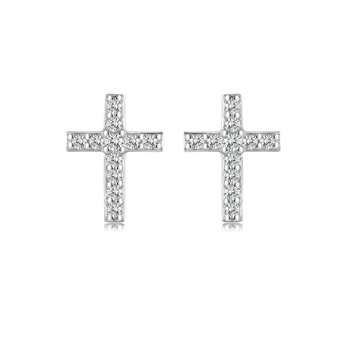 Hot Fashion Simple 925 Sterling Silver Cross-Shaped Stud Earrings with CZ Zircon Crystal for Women and Girls