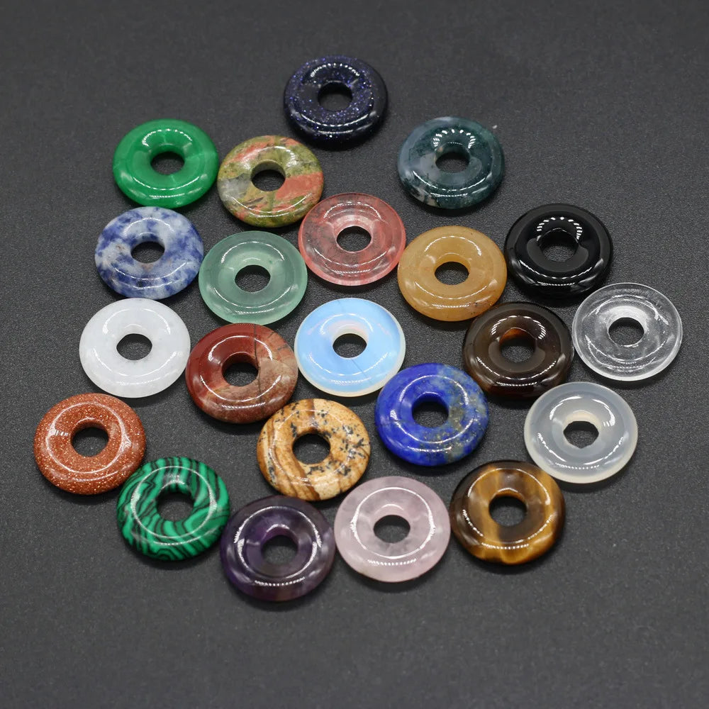 Donut Shape Natural Gemstone Pendant Disc Charms Energy Healing Stone Decorations Bulk for Jewelry Making Hole 6mm