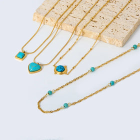 Exquisite 18K Gold Stainless Steel Heart Shaped Natural Turquoise Pendant Necklace Women Jewelry for Birthday Gift