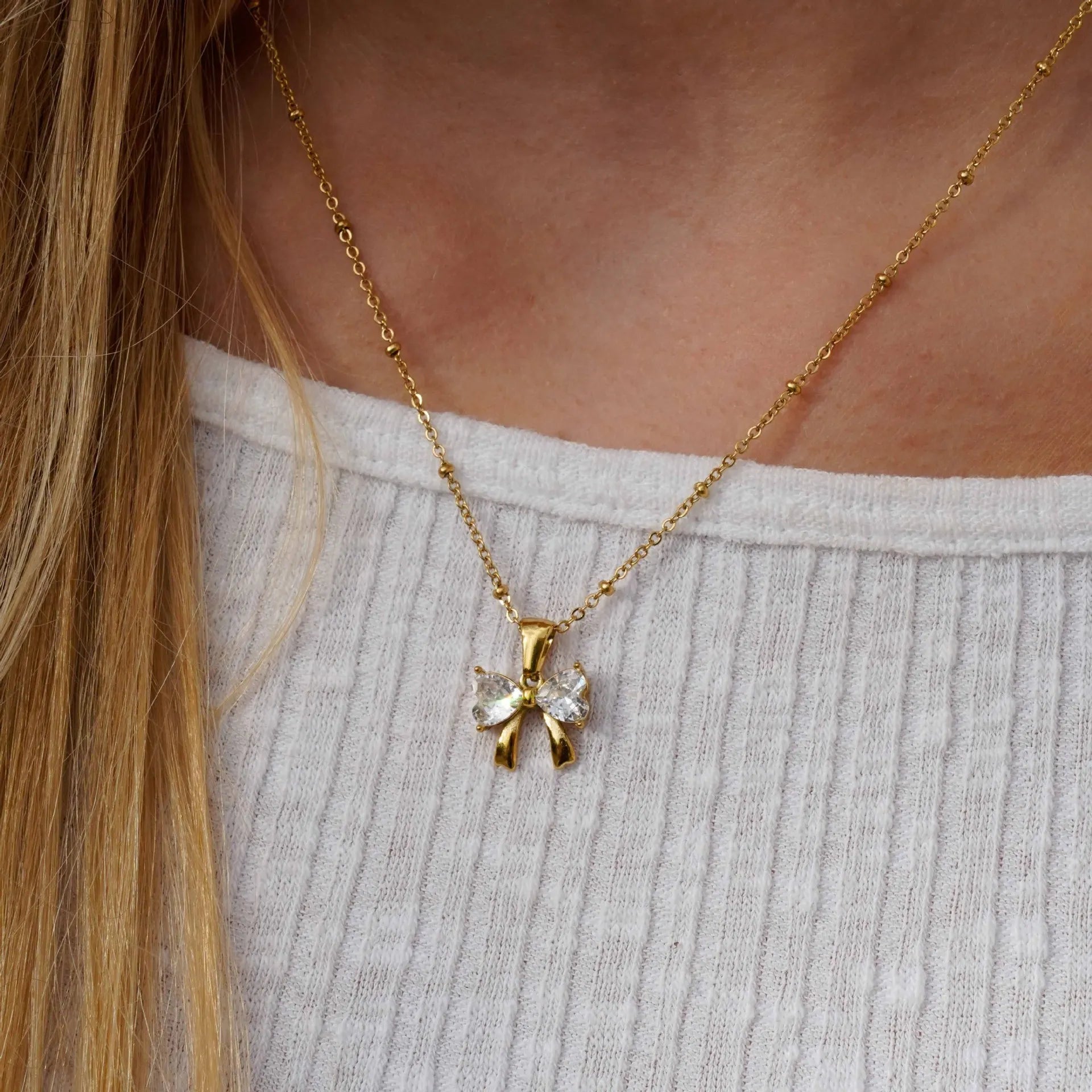 New Creative 18K Gold Plated Stainless Steel Princess Bow Pendant Necklace for Women Daily Wear Non Tarnish Waterproof Jewelry