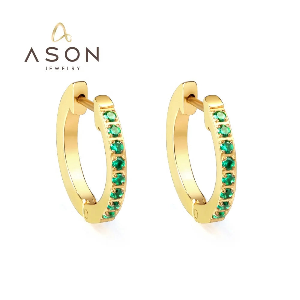Ason Fashion Jewelry Stainless Steel 18K Gold Plated Hollow Cubic Zirconia Green White Stones Huggie Hoop Earrings for Women