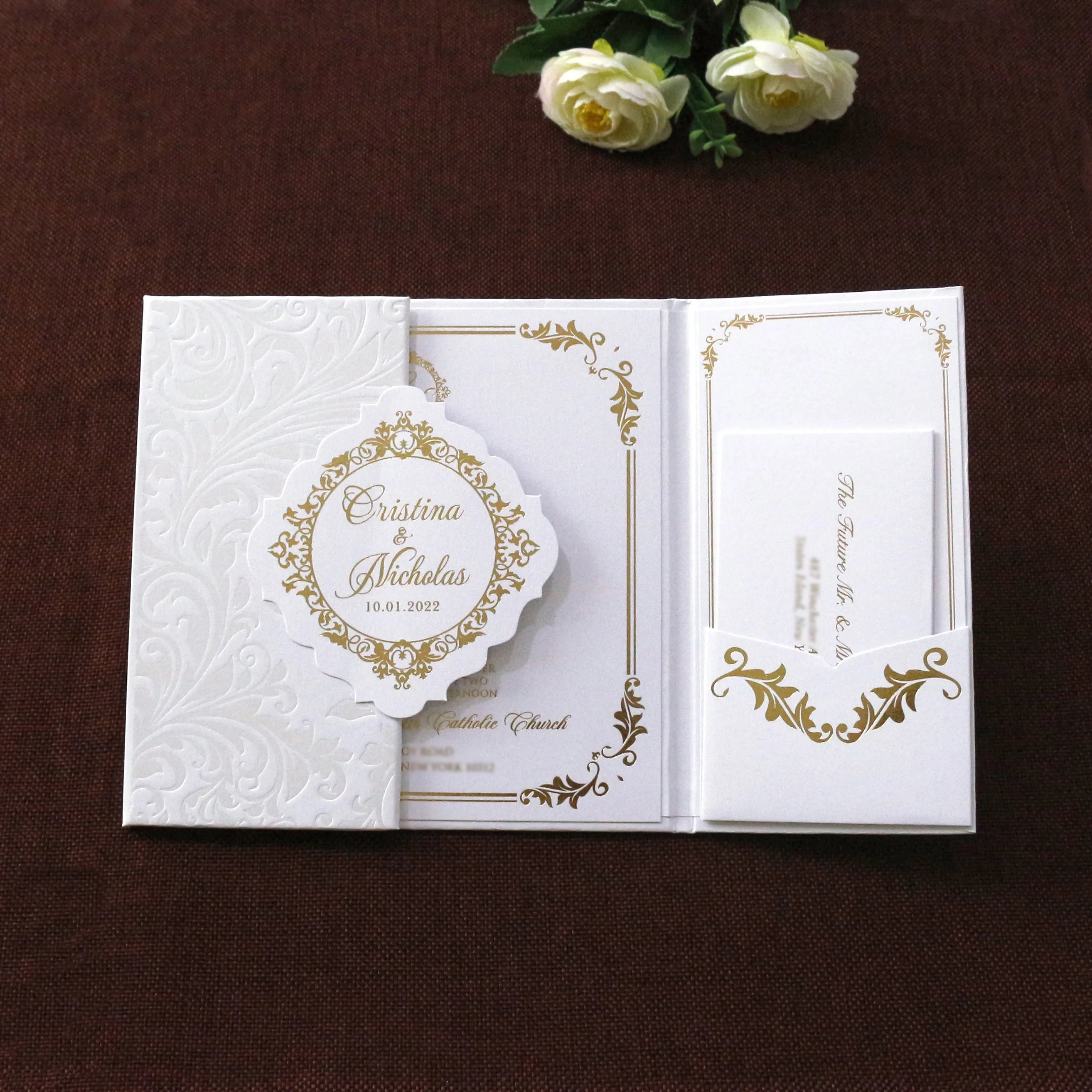 Wedding Inspiration White Folio Pearl Hardboard Custom Invites With Pocket and Small Cards