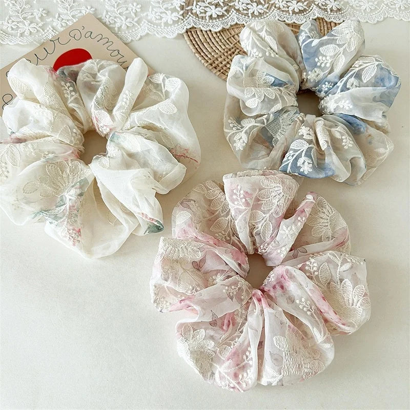 New Women Fashion Elastic Hiar Tie Hair Accessories Summer Season Organza Daisy Flower Solid Color Oversize Scrunchies