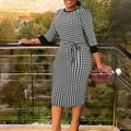 Autumn and Winter Plus Size Robe Femme Africaine Women's Stretch Knitted Houndstooth Print Elegant Office Lady Dress