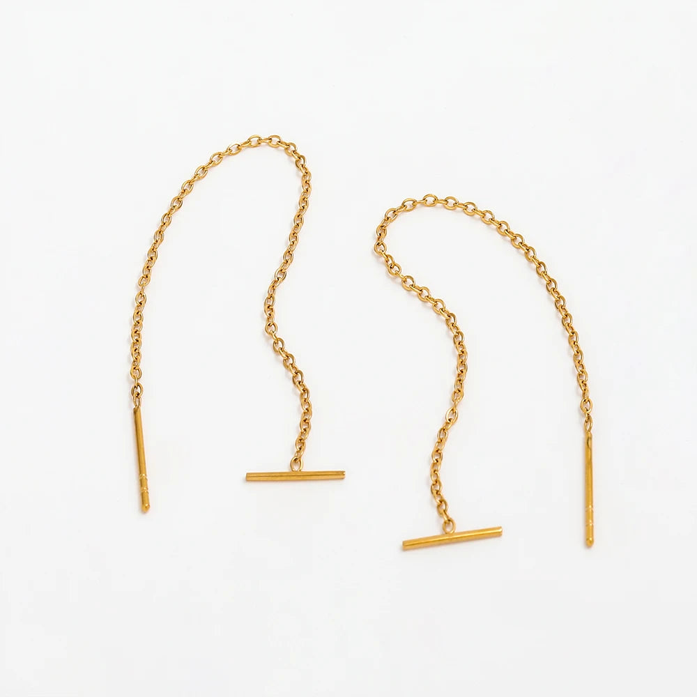 Fenny 18K  PVD Plated Simple Long Chain Tassel Cross Bar Threading Earring for Women Wholesale Stainless Steel Ladies Jewelry