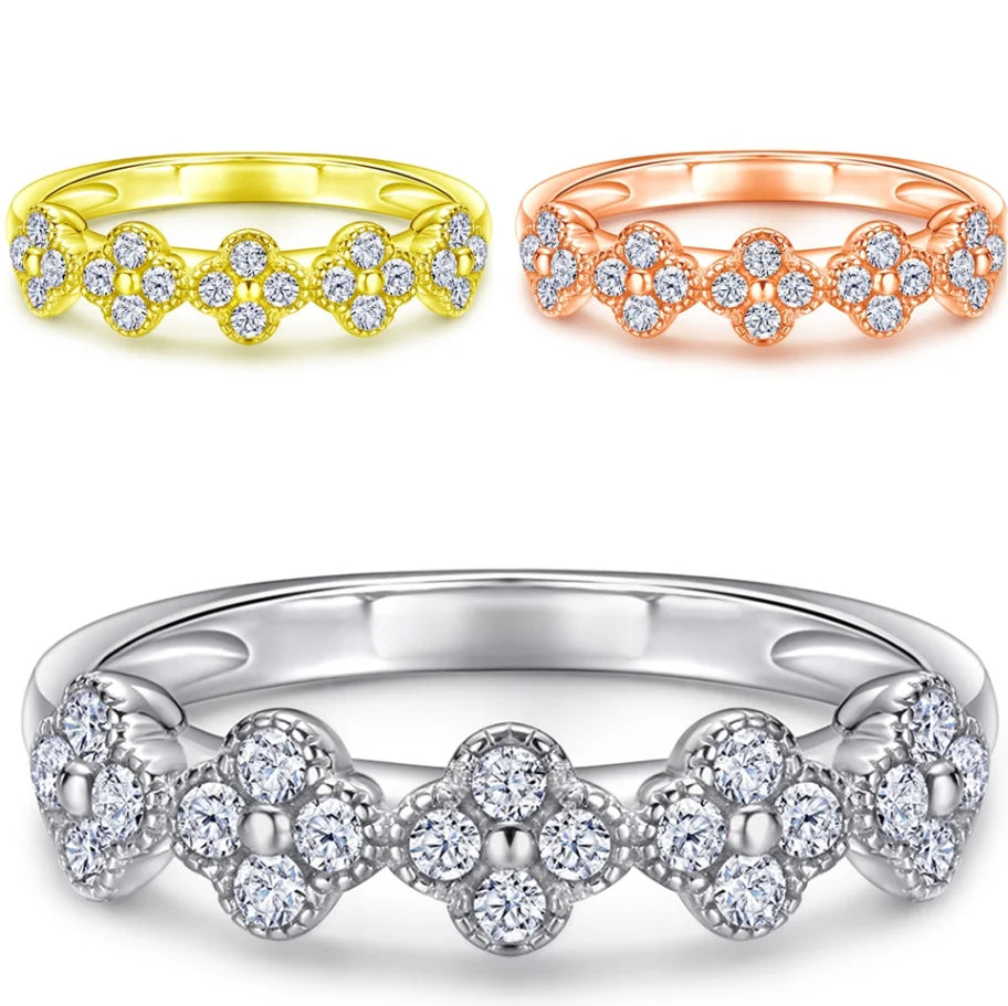 Fashion Jewelry Ring Shiny Four Leaf Pattern Gold Plated 925 Sterling Silver Engagement Ring with No Tarnish Cubic Zircon