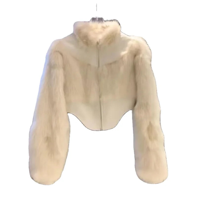 Women's Winter Crop Jacket Long Sleeve Faux Fox Fur Animal Print Fleece Windproof Plus Size Short Length Slim Mandarin Collar