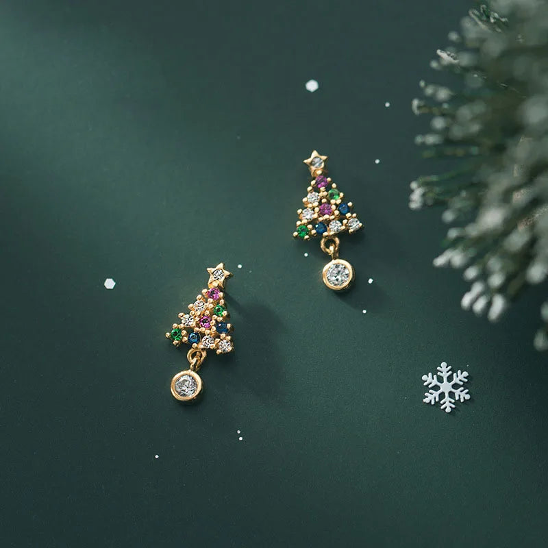 925 Sterling Silver CZ Zircon Earrings 18k Gold Plated Women Cute Christmas Tree Pendant Stud Earring Ear Jewelry