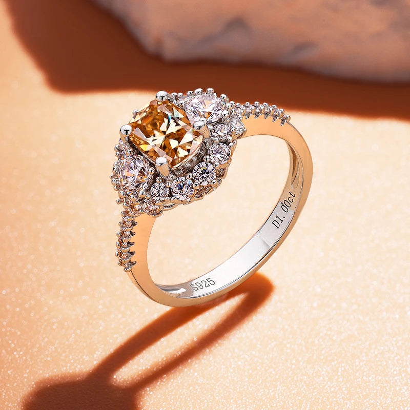 Ready to Ship Holycome VVS champagne Color 925 Sterling Silver Women Party Wedding Engagement Moissanite Ring