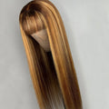 Glueless Peruvian Hair Wig With Bangs Brown Highlight Color Straight Cuticle Aligned Bleached Knots Lace Front Wig