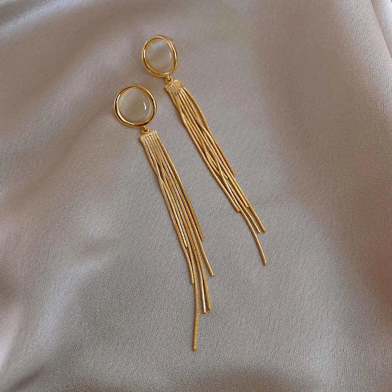 Long Opal Tassel Earrings 925 Silver Needle Personality Light Luxury Drop Ear
