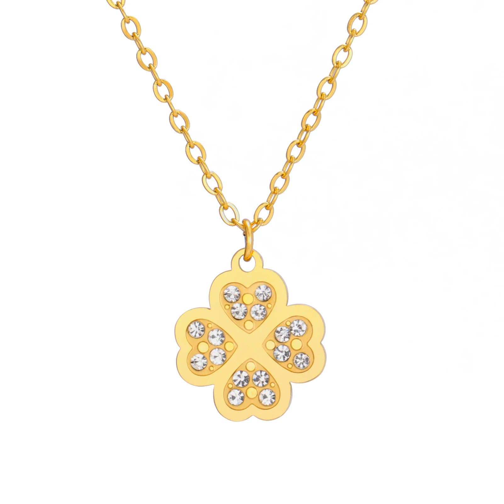 Fashion Stainless Steel Heart Charm Necklace Gold Color Clover Rhinestone Pendant Necklace Party Wedding Jewelry Gift for Women