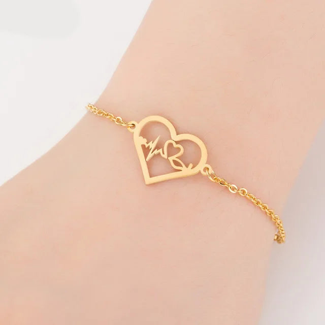 Gold Plated Double Love Heart Stainless Steel Couple Bracelet Creative Cardiogram Elephant Moon Star Butterfly Bracelet for Girl