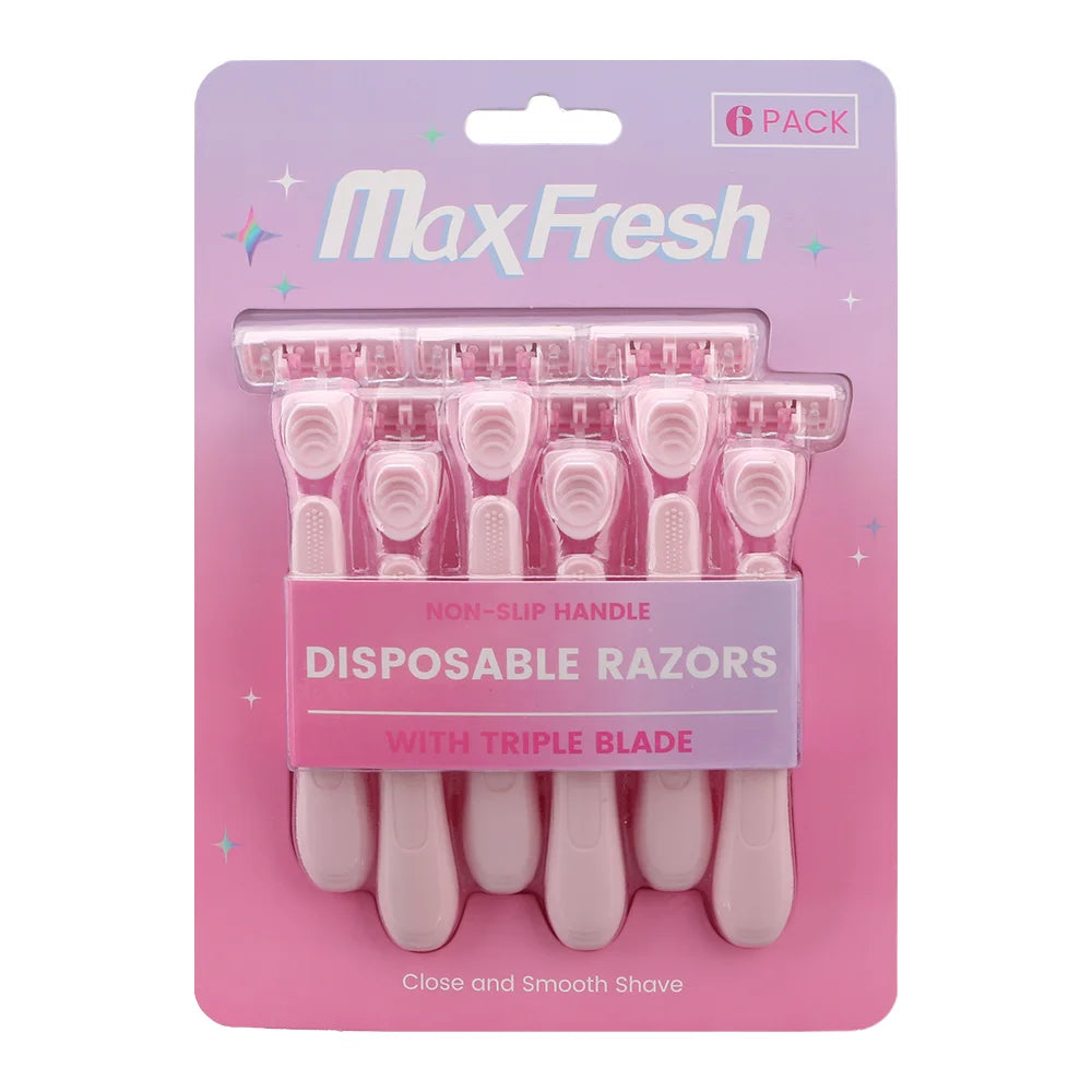 Disposable Razor for Women MaxFresh 6 Counts Blister Pack Triple Stainless Steel Blade With Lubricant Strip Pivoting Type