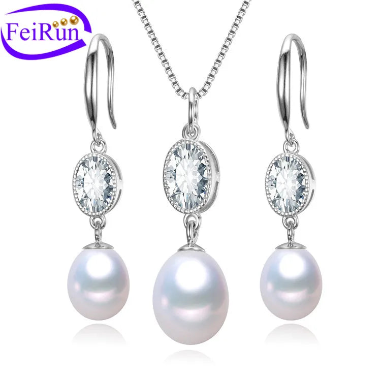 FEIRUN White Drop 8mm Wholesales 925 Sterling Silver Necklace Earring Sets Fashion Style Jewelry