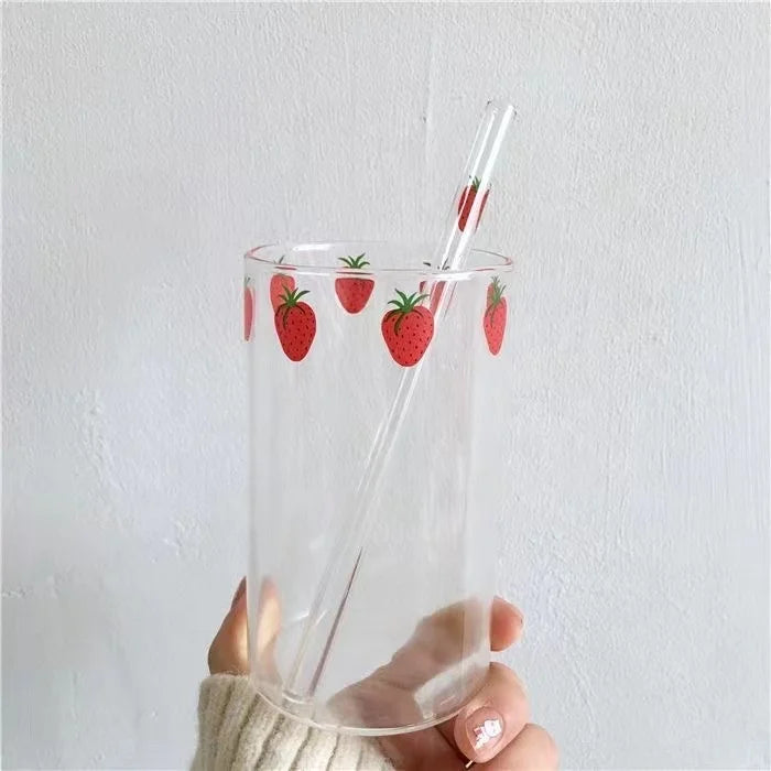 High Borosilicate Cute Strawberry Water Milk Drinking Glasses Cup with Straw Upgrade Thickened Version