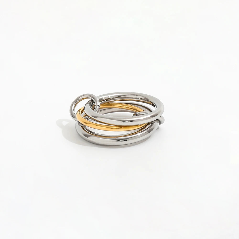 Joolim High End 18K Gold Plated Stainless Steel Two-tone Multi-layer Lines Interlocking Rings for Women Finger Ring Non Tarnish MegaBDM