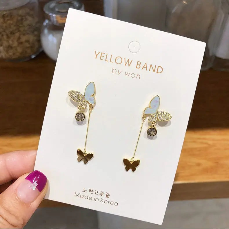Female S925 Silver Needle Simple Zircon Earrings fringe butterfly Tassel Ear Line Luxury Rhinestone Glass Beads Earring