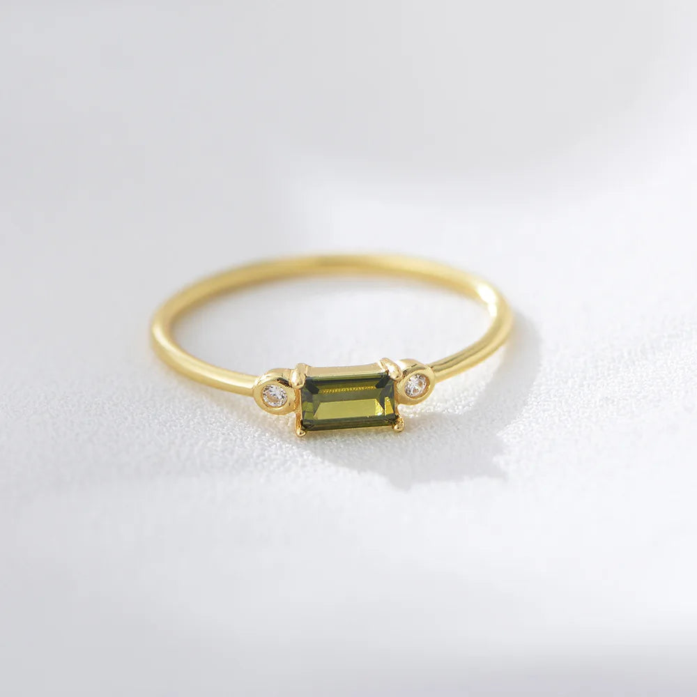 INS Fashion Jewelry 925 Sterling Silver Rectangular Olive Green Ruby Diamond Colored Zircon Gold Plated Rings for Women