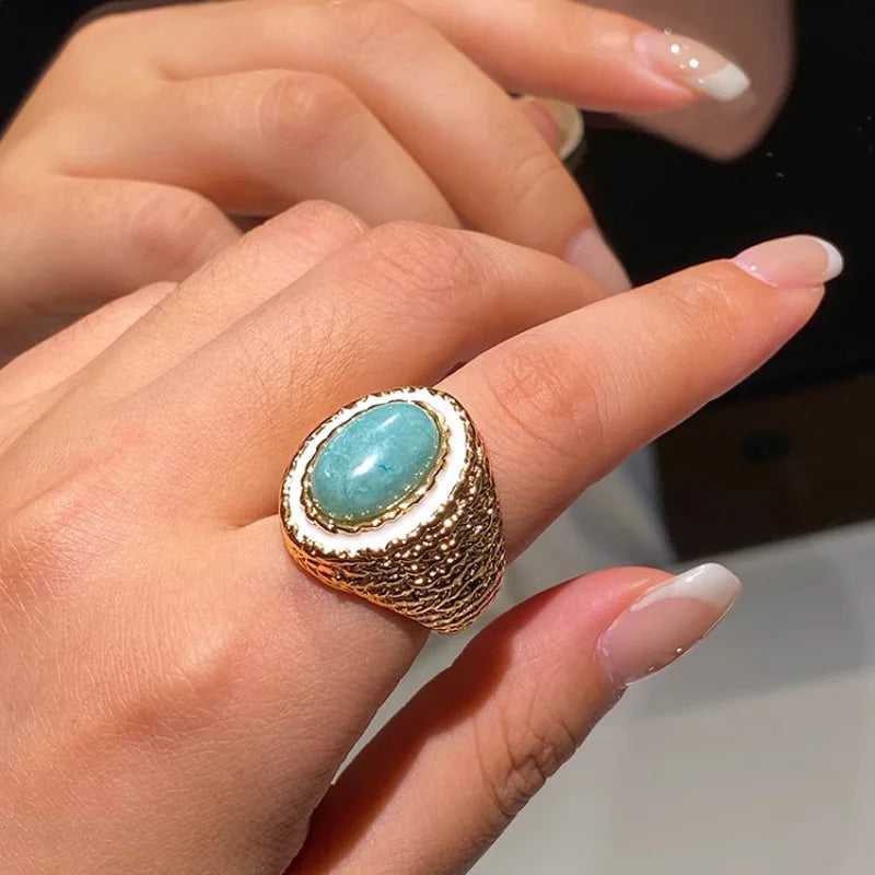 Vintage Bohemia Stainless Steel Open Adjustable Rings Natural Precious Stone Blue Turquoise Rings for Women