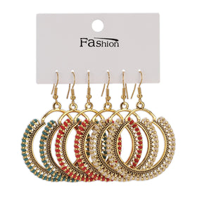 3 Pcs/Set Retro Gold Colorful Round Shaped Earrings Classic Ethnic Metal Flower Fashion Vintage Eardrop Dangling Jewelry