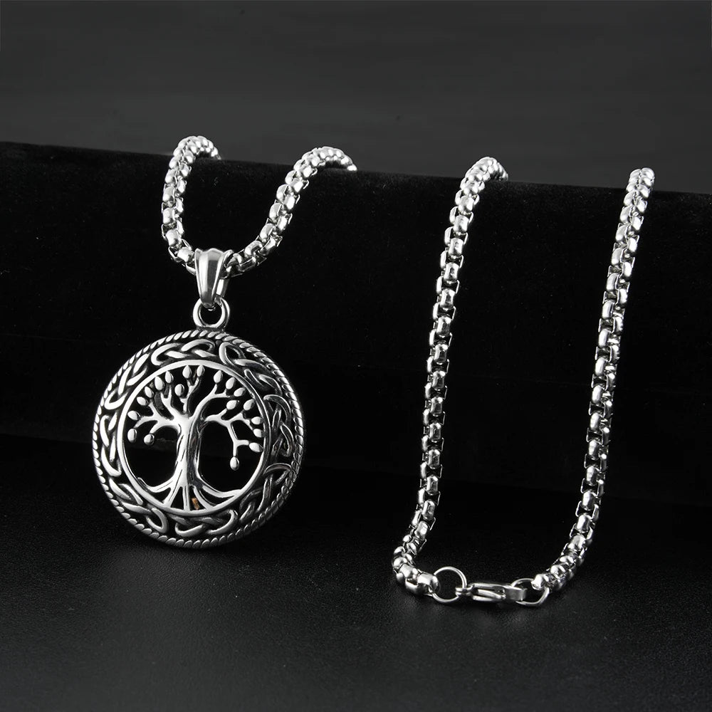 Retro Vintage Stainless Steel Round Shape Tree of Life Pendant Necklace Viking Odin Celtics Knot Necklace Men Jewelry