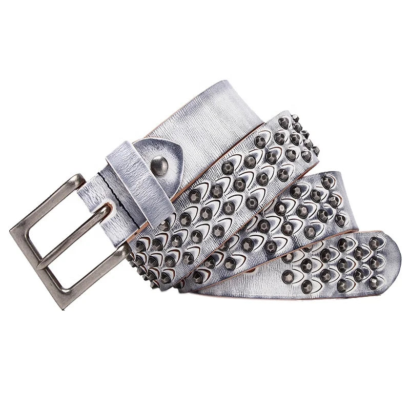 Vintage White Punk Cowhide Full Grain Genuine Leather Women Fashion Studded Western Belts for Men