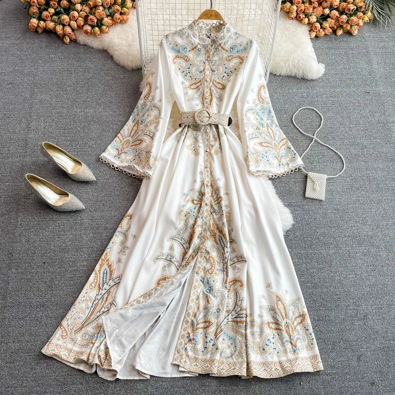 10%OFF  S-2XL Autumn Chinese Style Printed Long-sleeved Waist-length Dress Fashion Single-breasted Stand-up Collar Dress