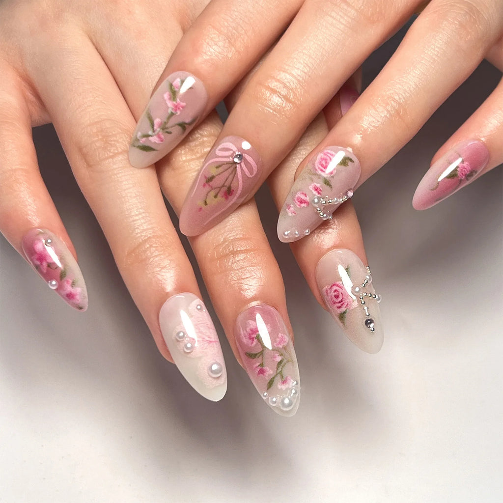24 Pcs 3403 Sweet Pink Gradient Rose Short Almond Nails Press on Nails Artificial Fingernails