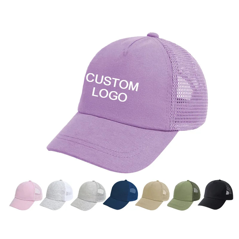 Custom Embroidery logo 5 Panel Polyester Mesh Back Purple Custom Fitted Baseball Hats Kids Flex Fit Hats Kids Hats Summer